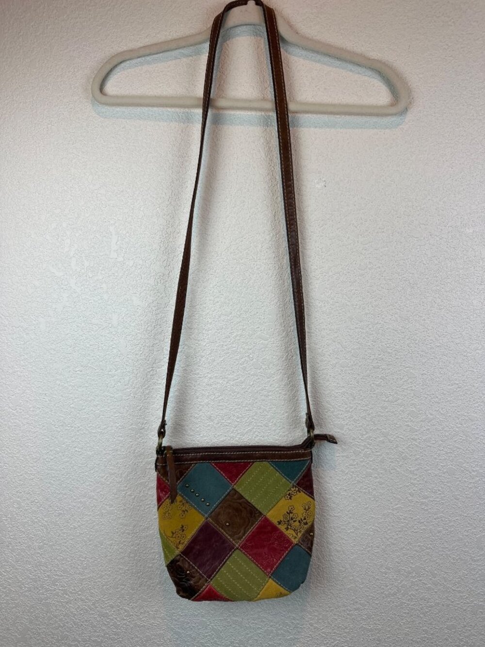 Fossil Patchwork Leather Crossbody Bag Boho Colorblock Shoulder Purse Y2K - Picture 2 of 13